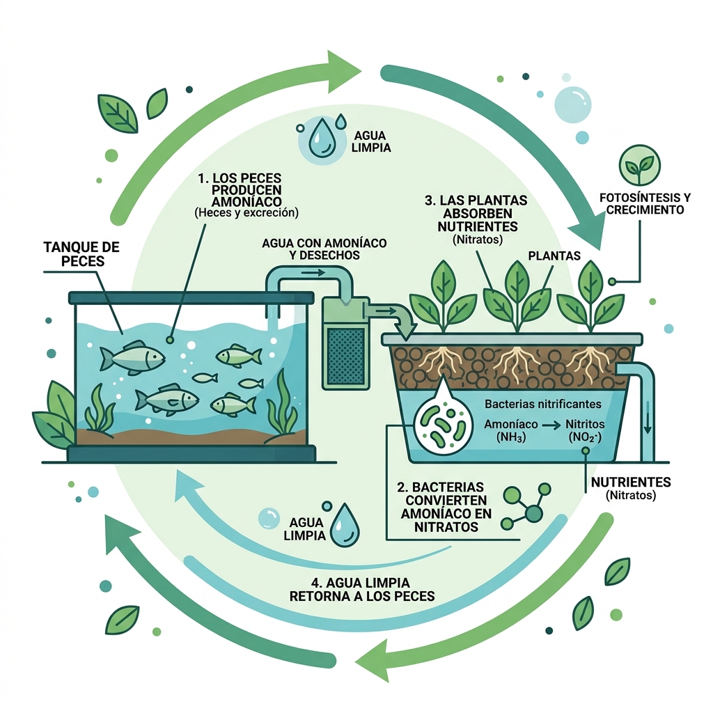 Diagrama del ciclo de funcionamiento de un sistema acuapónico: peces, bacterias y plantas