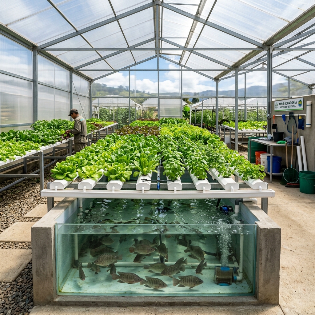Sistema acuapónico en invernadero Colombia con tilapia y lechugas diseñado por Afood
