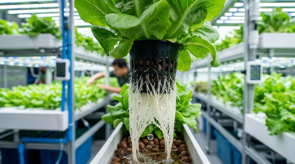 Sistema hidropónico moderno mostrando raíces de lechuga y gotas de agua limpia recirculando