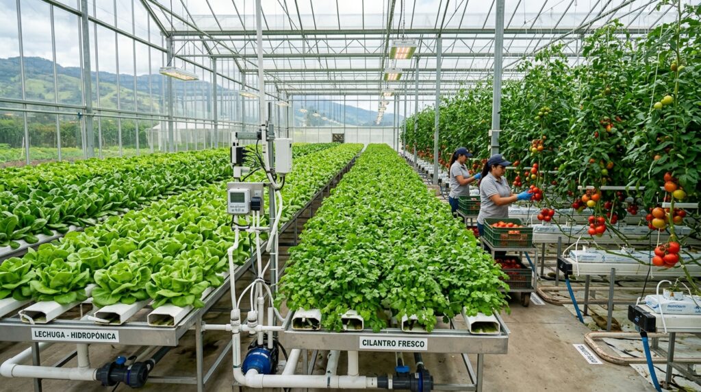 Invernadero hidropónico productivo con lechuga, cilantro y tomates en Colombia