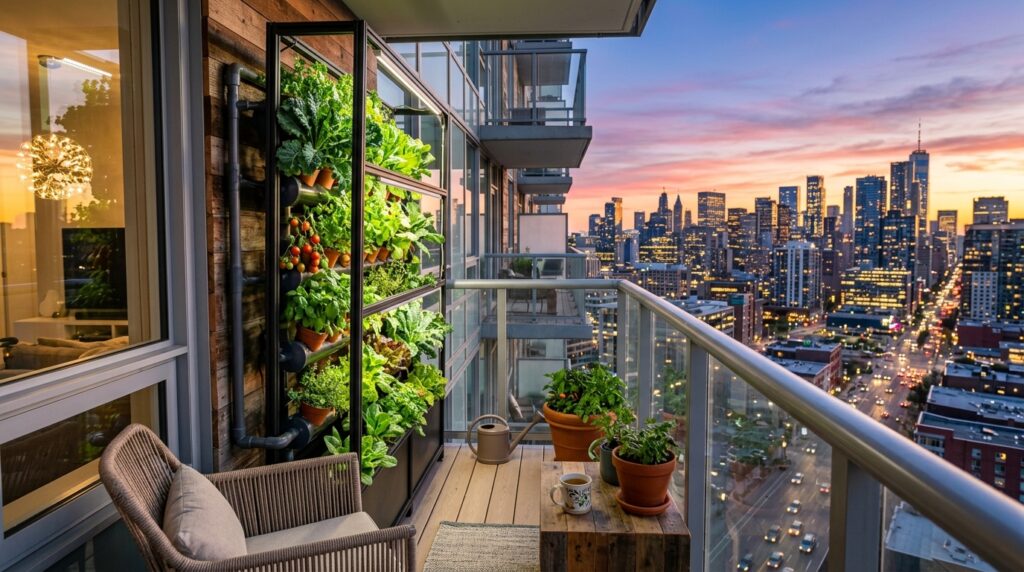 Balcón moderno de apartamento con huerta vertical hidropónica y vista a la ciudad