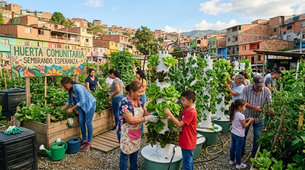 Comunidad en ciudad latinoamericana trabajando en huerta urbana con cultivos verticales hidropónicos